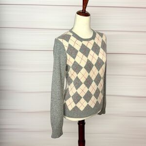 J. Crew Vintage Cashmere Argyle Sweater Gray Cream Crew Neck Classic Women's M